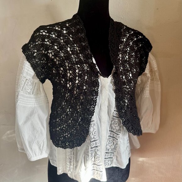 Specialty House Tops - Vintage Bohemian  Black Cotton  Crochet Vest Size S